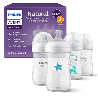 Philips Avent Natural Baby Bottles with Natural Response Nipples (Medium Flow, Flow 3), with