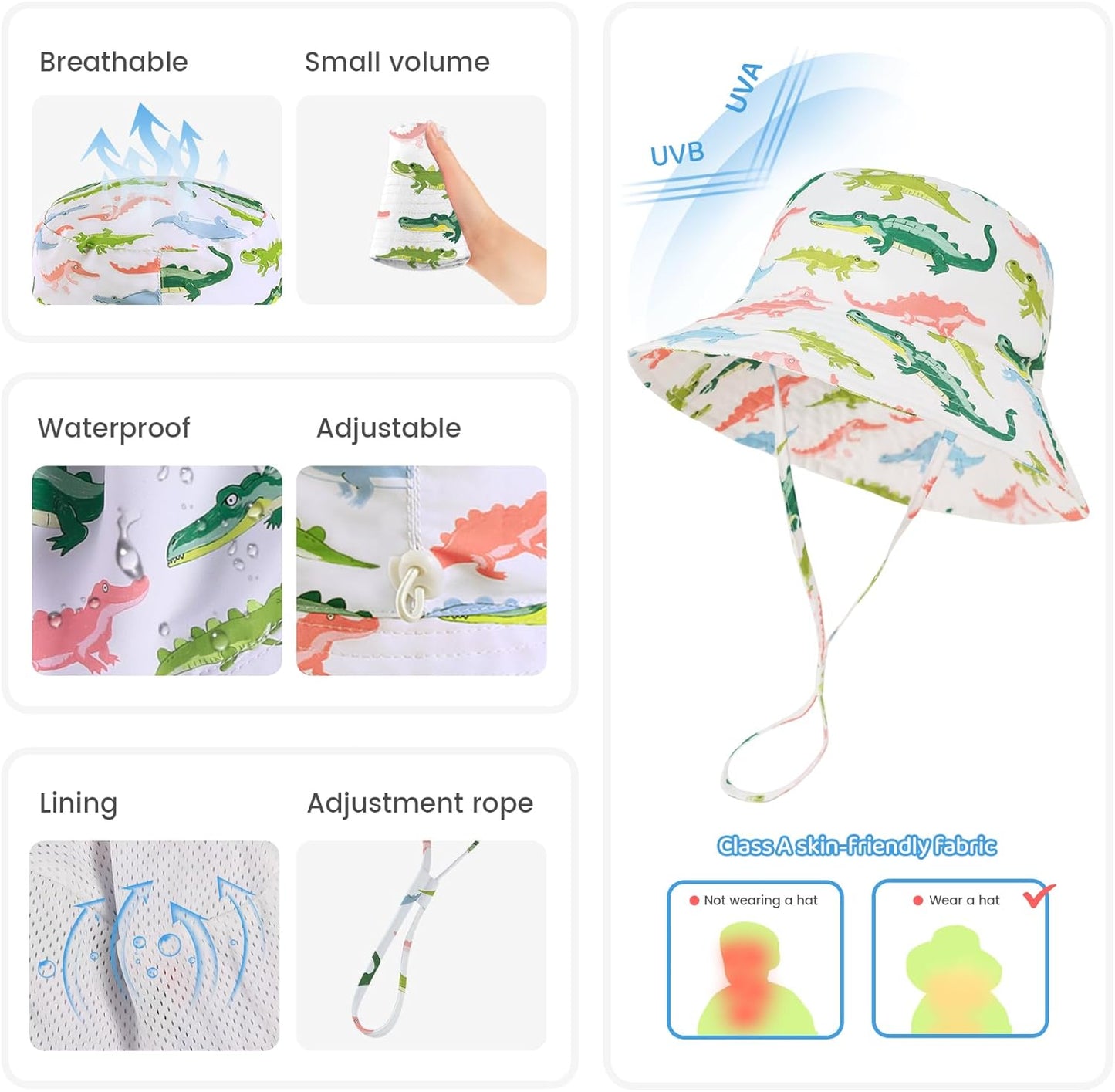 Baby Sun Hat 0-6 Years Toddler Boys Girls Adjustable Bucket Hats Kids Bucket Hats UPF 50+ Wide Brim Beach Swim Pool