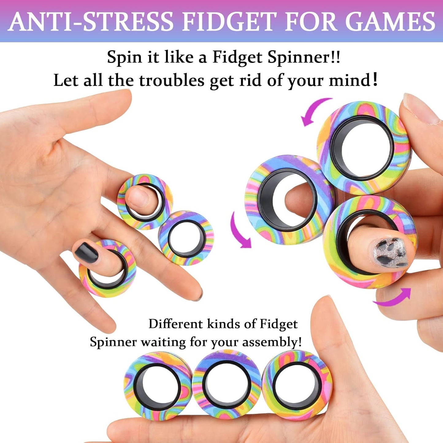 3Pcs Magnetic Rings Fidget Toy Set, ADHD Anxiety Magnetic Fidget Toys Adults Fidget Spinner Rings for Relief, Easter Basket Stuffers Valentines Gifts for 8+ Year Old Teen Boy Girl