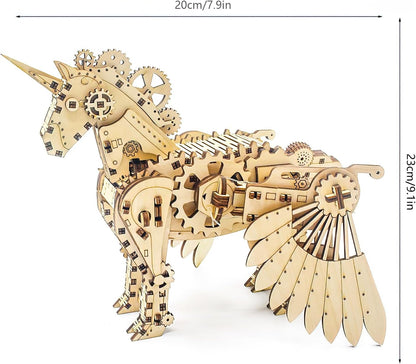 3D Wooden Puzzle Unicorn Mechanical Horse Model Set - Brain Teaser Game - DIY Educational Toy - Eco-Friendly Construction Kit - Perfect Desk Toy and Display Gift for Boys and Girls