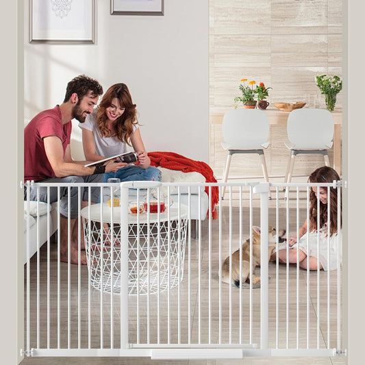 Extra Wide Baby Gate 30.11-77.36",Ultra Narrow 1.37" Spacing Dog Gate indoor,Double Lock Auto Close Pet Gate for House,Pressure Mounted Baby Gate Easy Walk Through Pet Gate for Hallway(White)