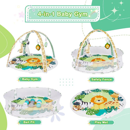 Baby Play Mat, 4-in-1 Baby Play Gym Tummy Time Mat with Ball Pit and 5 Detachable Toys for Newborn to Develop Sensory Exploration and Motor Skill 0-6-12 Months