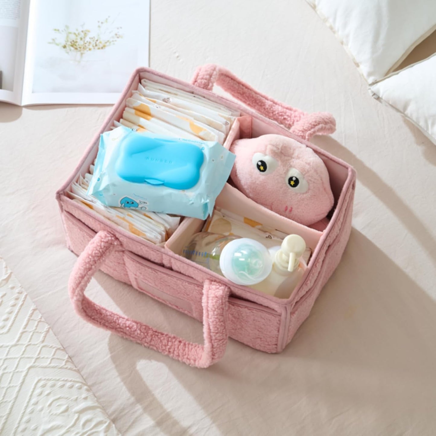 luxury little Diaper Caddy Organizer, Large Cotton Rope Nursery Baby Basket, Changing Table Organizer for Baby Diaper Storage, Portable Car Organizer with Removable Divider (Pink)
