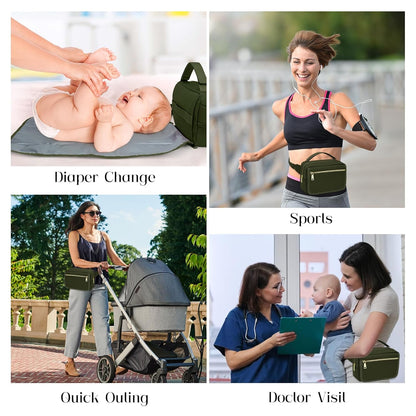 printe Small Diaper Bag with Portable Changing Pad, Crossbody Diaper Pack with Wipes Pocket, Women Waist Bag for Travel Stroller, Olive Green