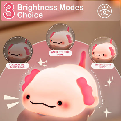 Axolotl Night Light for Kids, Rechargeable Cute Squishy lamp - Silicone Adorable Christmas Axolotl Gifts for Kids - Nightlight Nursery Animal Touch Light - Bedroom Decor for Boy, Girls