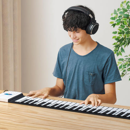 49 Key Roll Up Keyboard Piano, Portable Digital Electric Foldable Piano Keyboard, Rechargeable, 47 Tones, 14 Educational Demo Songs, for Beginners Gift (Black & White Key)
