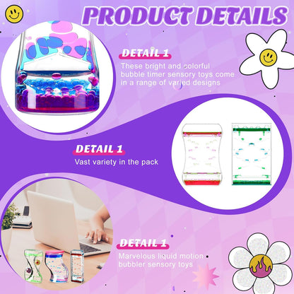 6 Pack Liquid Motion Bubbler Liquid Bubble Sensory Toys Colorful Oil Hourglass Fidget Toy Sensory Bottles Calming Toys Handheld Water Game for Boy Girl Autism ADHD Adults (Cute)