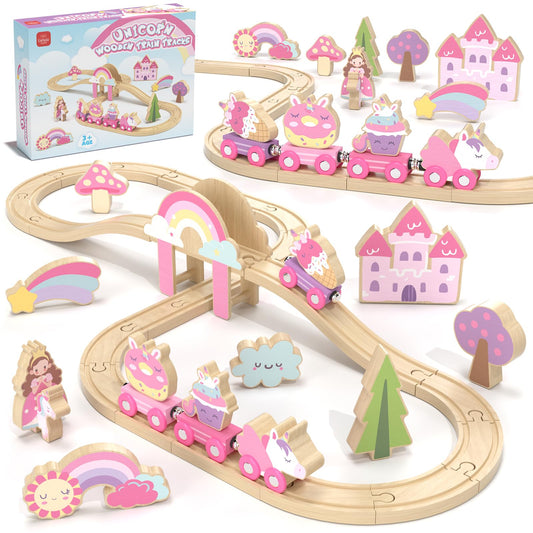 Lehoo Castle Wooden Train Set for Girls, Pink Unicorn Train Set