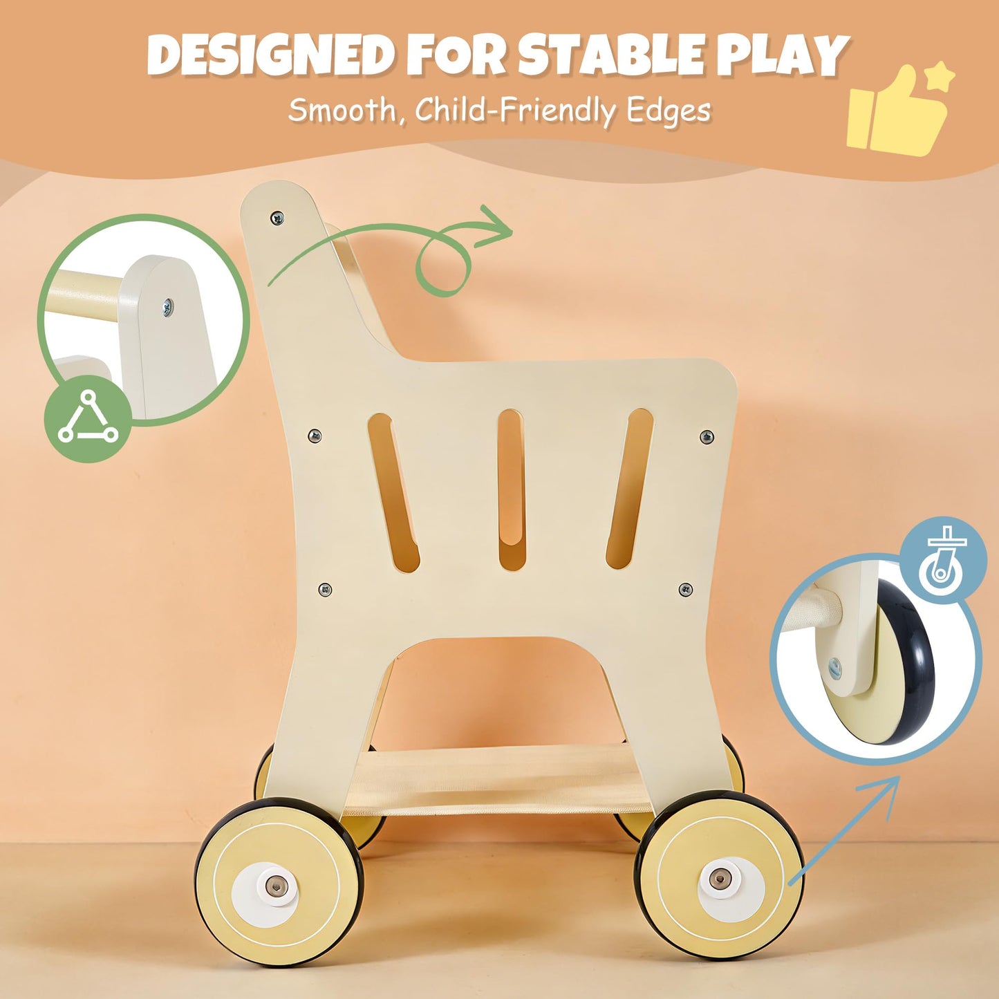 Pithfor Wooden Shopping Cart for Kids, 3 in 1 Wooden Baby Push Walker, Baby Doll Stroller, Toy