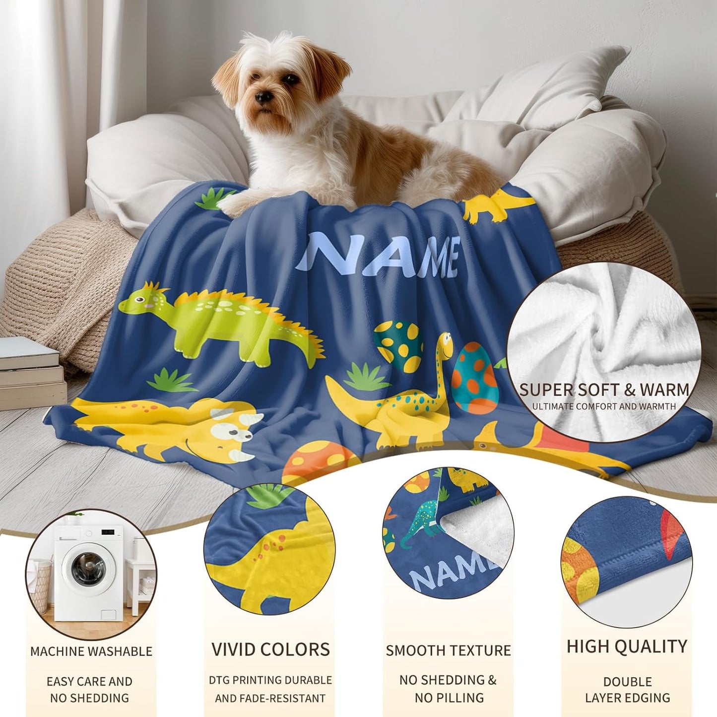 Ship Next Day, Custom Dinosaur Blanket - Printed in USA, Personalized Blankets with Name, Gift for