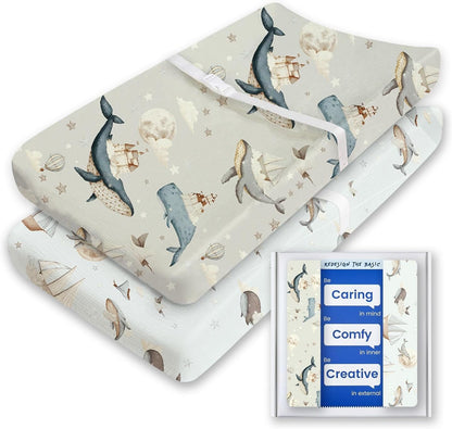 Premium Soft Boho Changing Pad Covers for Girls & Boys - Stretchy Jersey Sheets - Fits Standard Changing Tables - 2 Pack (Whale Dreams)
