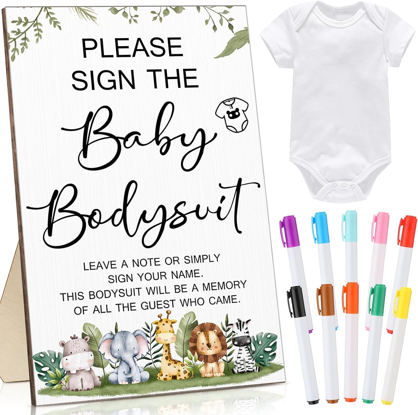 Qunclay 12 Pcs Baby Bodysuit Baby Shower Game Include 1 Game Wooden Sign Tabletop Decor 1 White Blank Newborn Bodysuit 10 Fabric Marker for Gender Reveal Party(Safari)