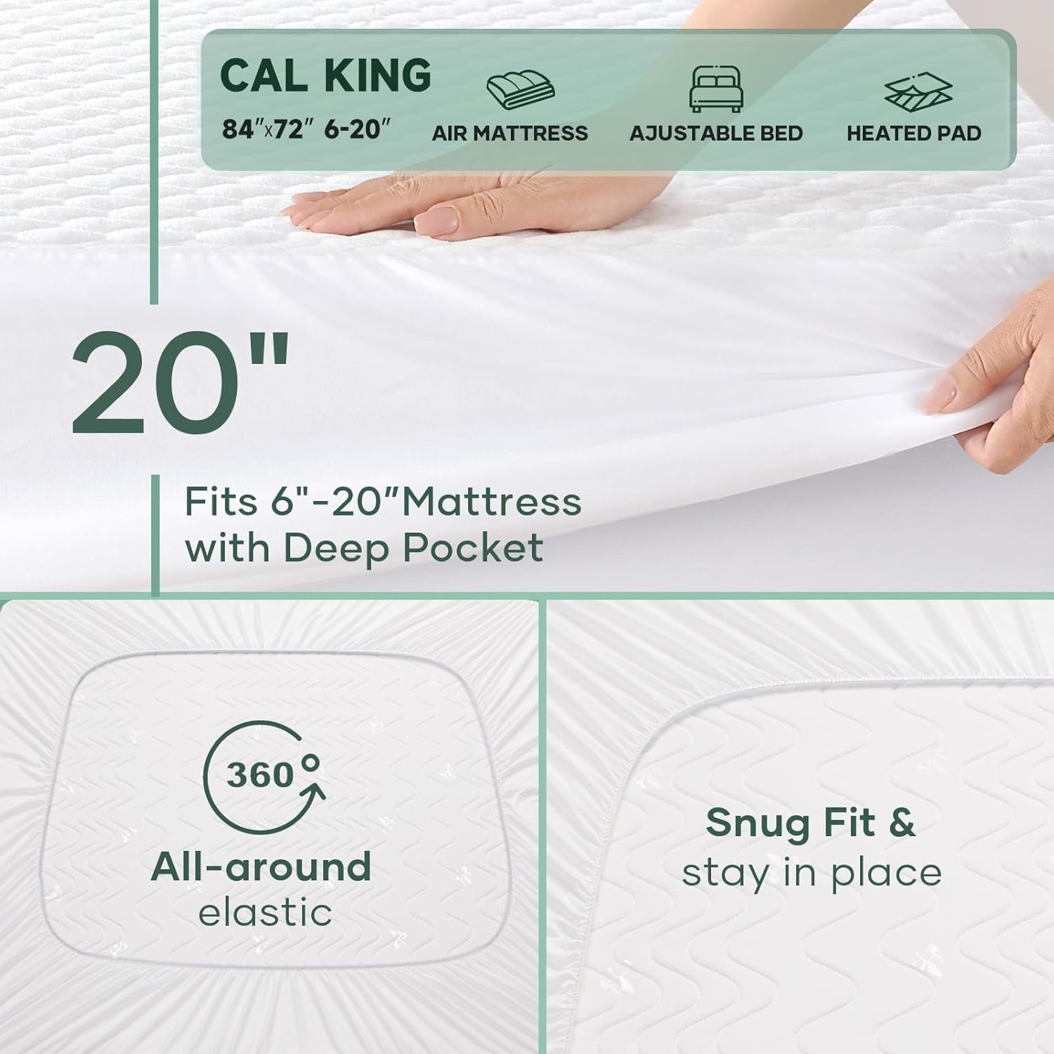 OhGeni 100% Waterproof Mattress Protector, California King Size Mattress Pad, Fits 6"-20"
