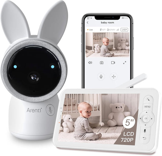 ARENTI Baby Monitor, 2K Video Baby Camera with 5-Inch Upgraded Wireless Display, Super Night Vision, Lullabies, Cry & Motion Detection, Temp & Humidity Sensor, Two Way Audio