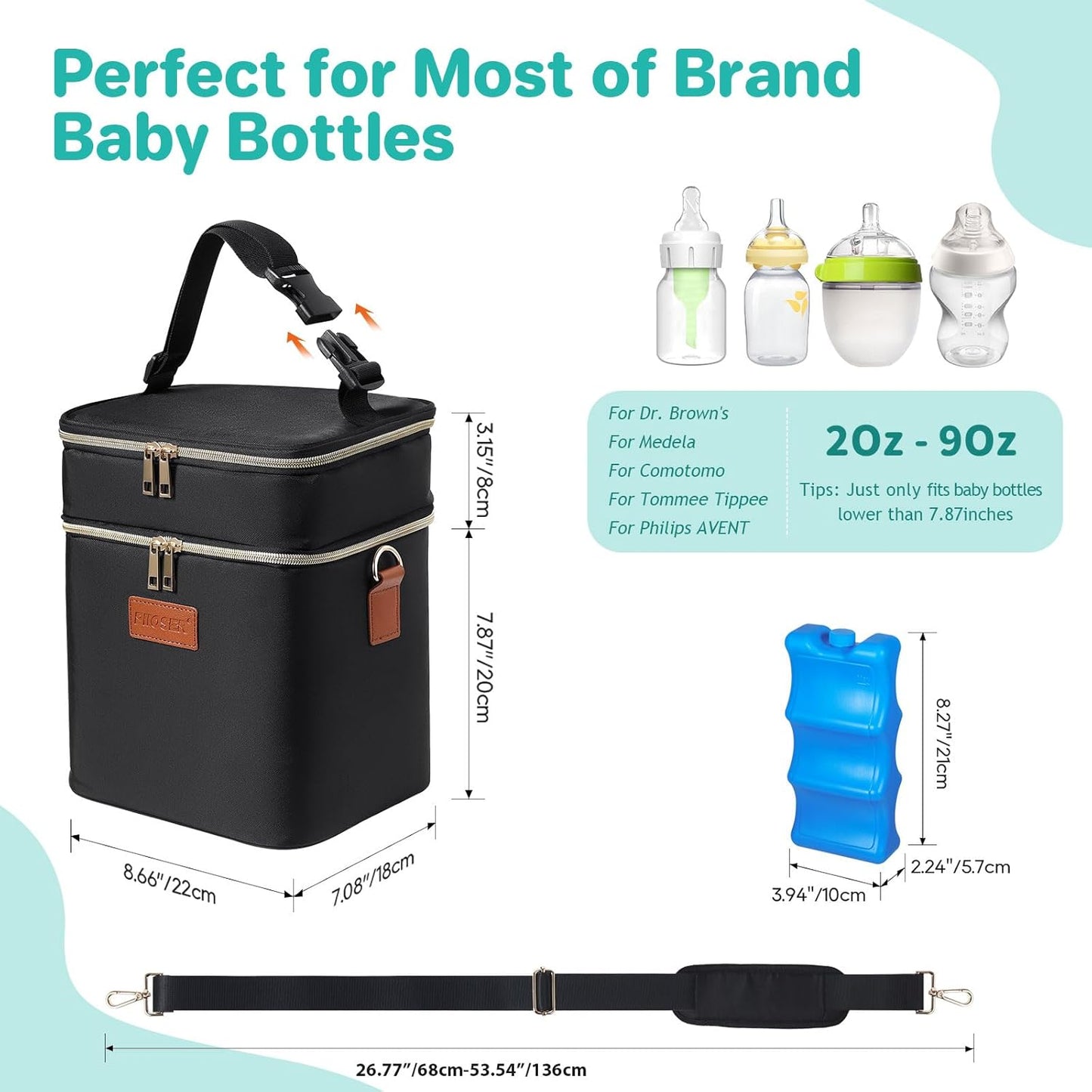 PIIOSER Breastmilk Cooler Bag with Ice Pack Fits 6 Baby Bottles Up to 9 Ounce, Insulated Baby