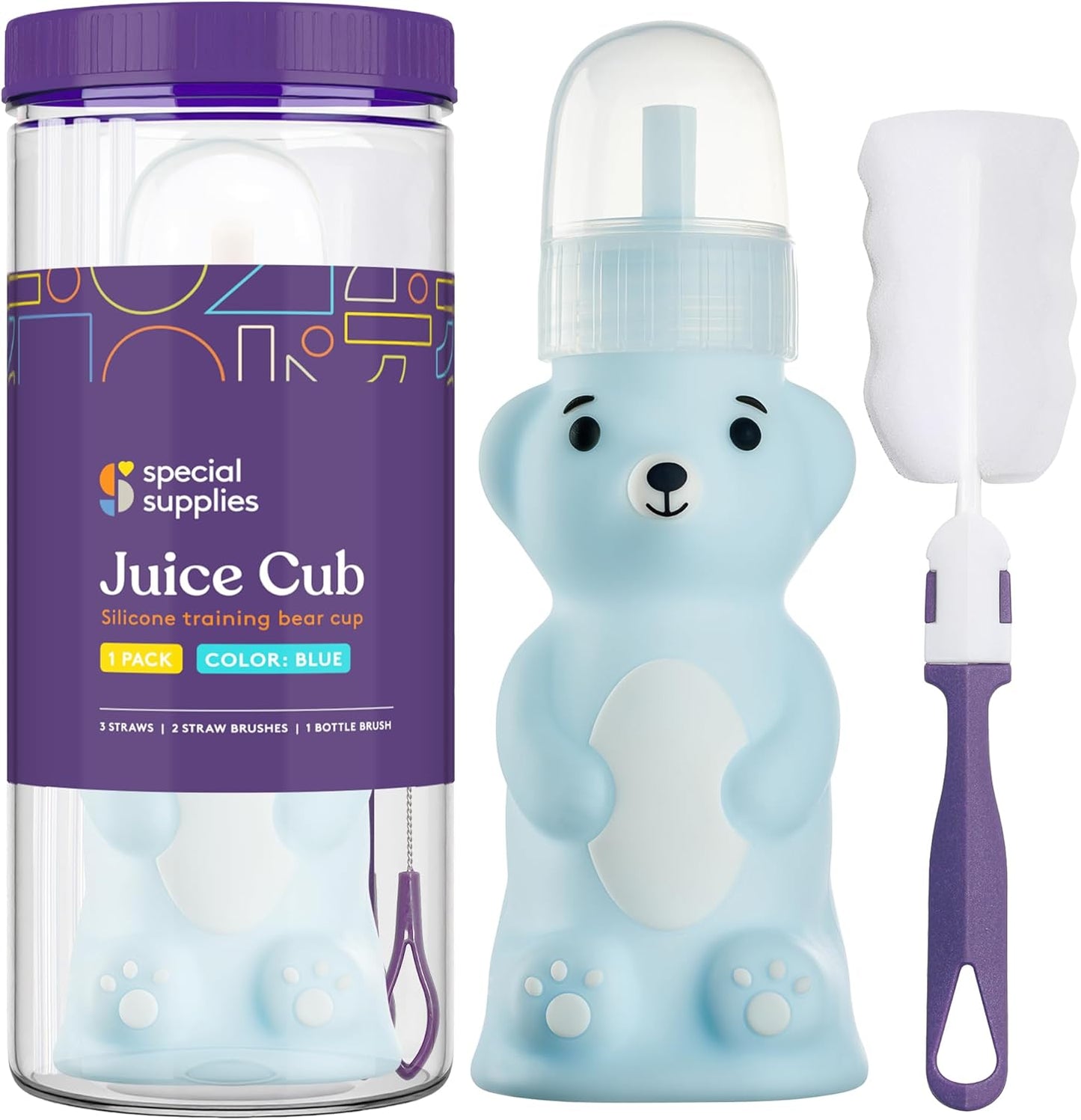 Special Supplies Honey Bear Straw Cup Long Straws, Squeezable Therapy and Special Needs Assistive Drink Container, Spill Proof and Leak Resistant Lid (Pack of 1 Bottle and 3 Straws) (Blue)