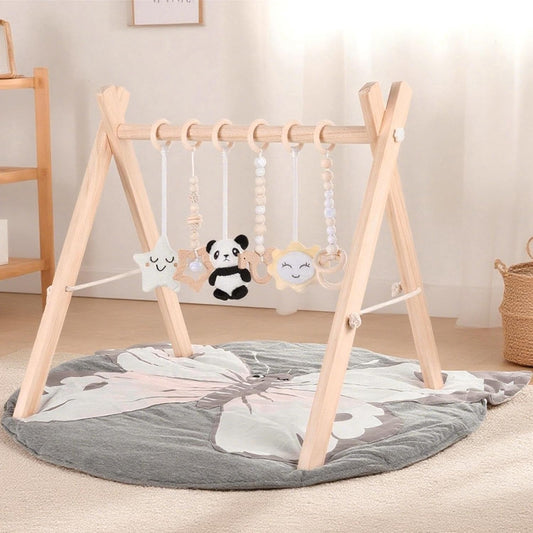 Wooden Play Gym with Mat, Foldable Baby Activity Gyms for Infants Newborn Baby Girl and Boy, Tummy Time Baby Infant Toys 0-6 6-12 Months (Gray)