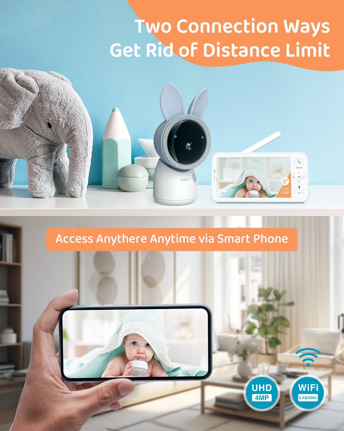 ARENTI Upgraded Baby Monitor, 4MP 2.4G&5G WiFi Baby Camera Monitor, Infrared Night Vision, Night Light, 2-Way Audio, Cry&Motion Detection, Temp&Humidity Sensor, App Control