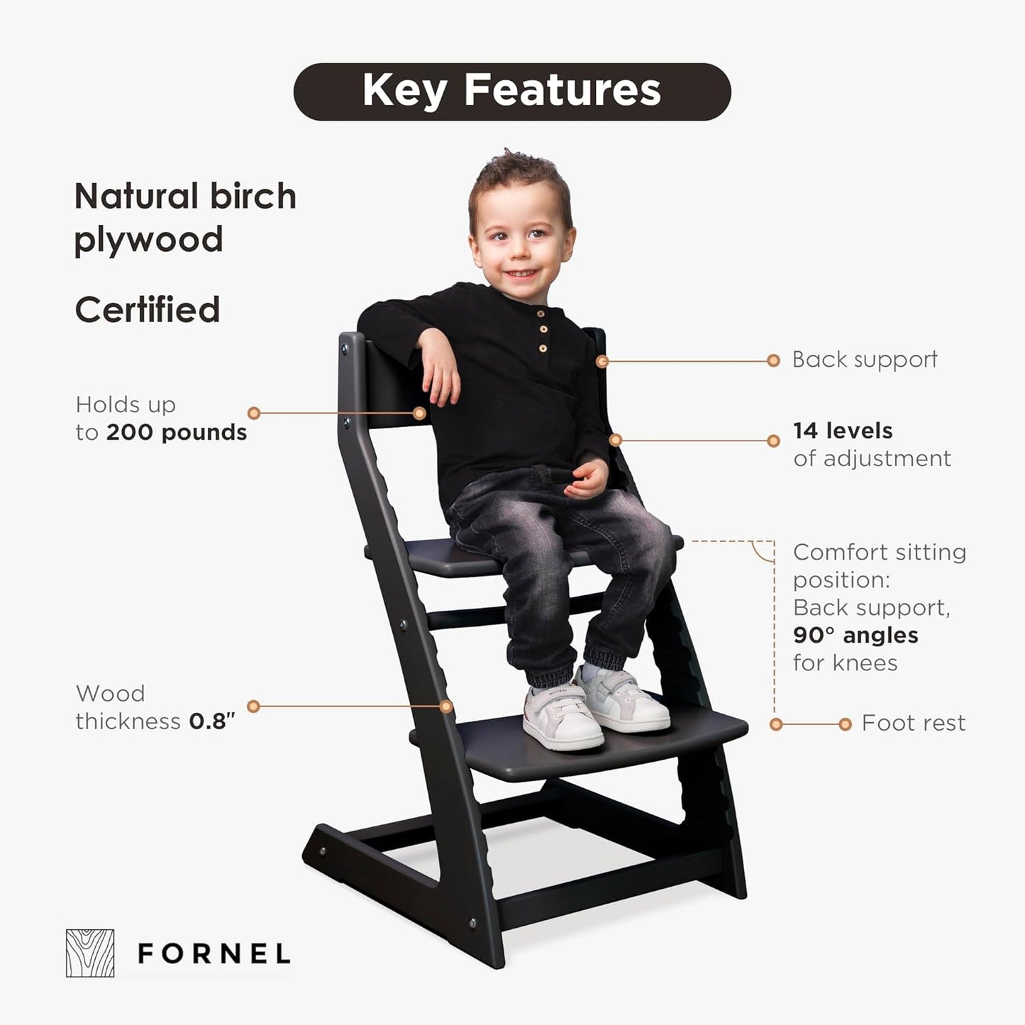 FORNEL Modern Black Wooden High Chair | The Adjustable Grow-with-Me Chair, A Sleek Alternative to