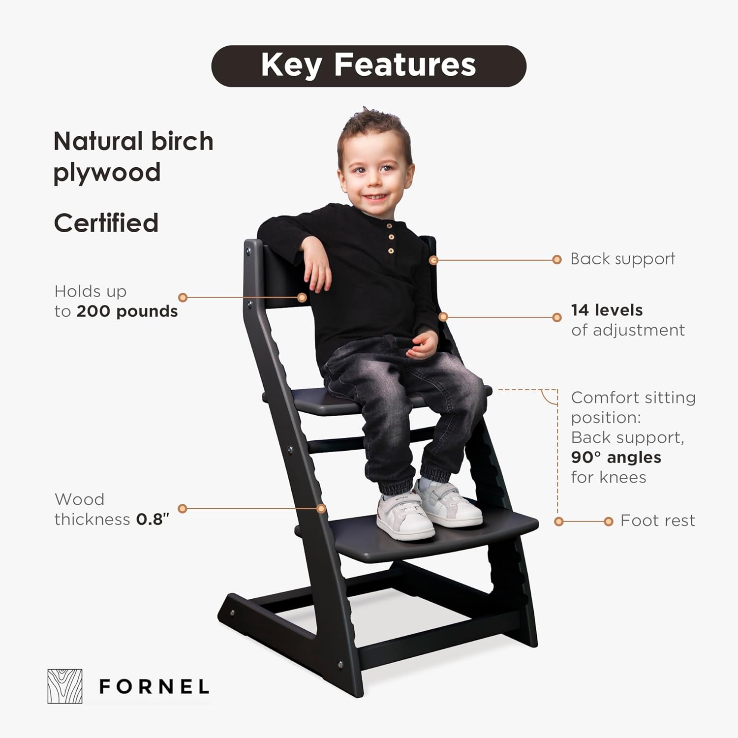 FORNEL Modern Black Wooden High Chair | The Adjustable Grow-with-Me Chair, A Sleek Alternative to