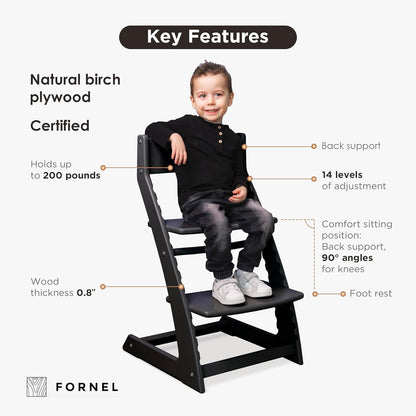 FORNEL Modern Black Wooden High Chair | The Adjustable Grow-with-Me Chair, A Sleek Alternative to