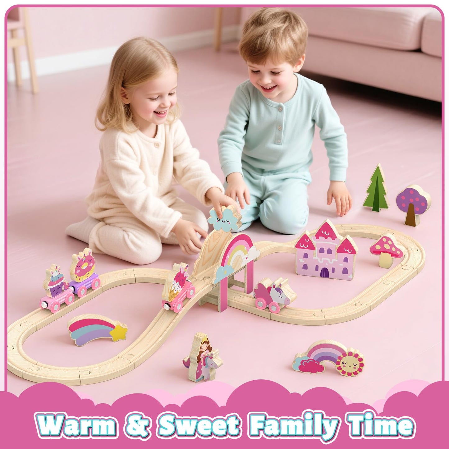 Lehoo Castle Wooden Train Set for Girls, Pink Unicorn Train Set