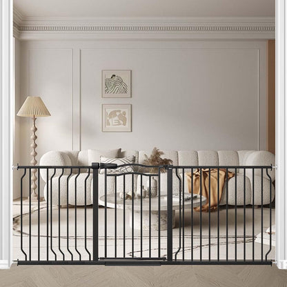Fairy Baby 67.3"-81.1" Extra Wide Baby Gate for Stairs, Large Pet Dog Gate for Wide Openings, Pressure Mounted Safety Child Gate, Metal Auto Close Long Pet Gate for Doorways with Walk Thru Door, Black