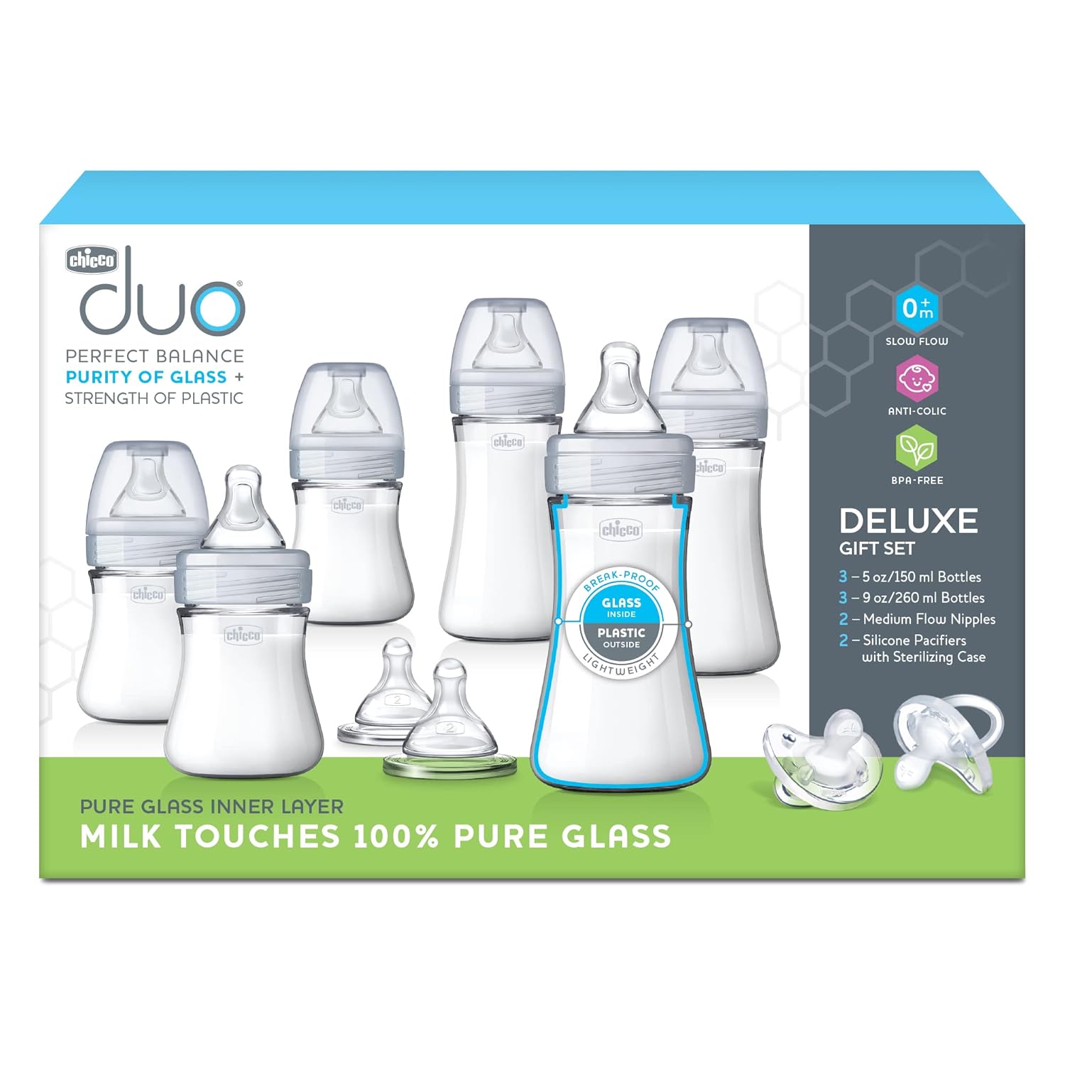Chicco Duo Deluxe Hybrid Baby Bottle Starter Gift Set with Invinci-Glass Inside and Plastic Outside