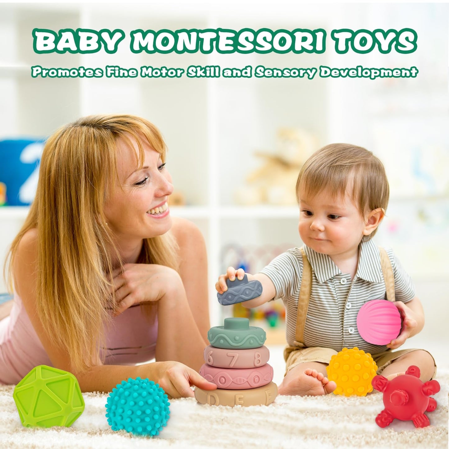 3 in 1 Baby Toys,Montessori Baby Blocks for 0-3-6-12 Months Babies