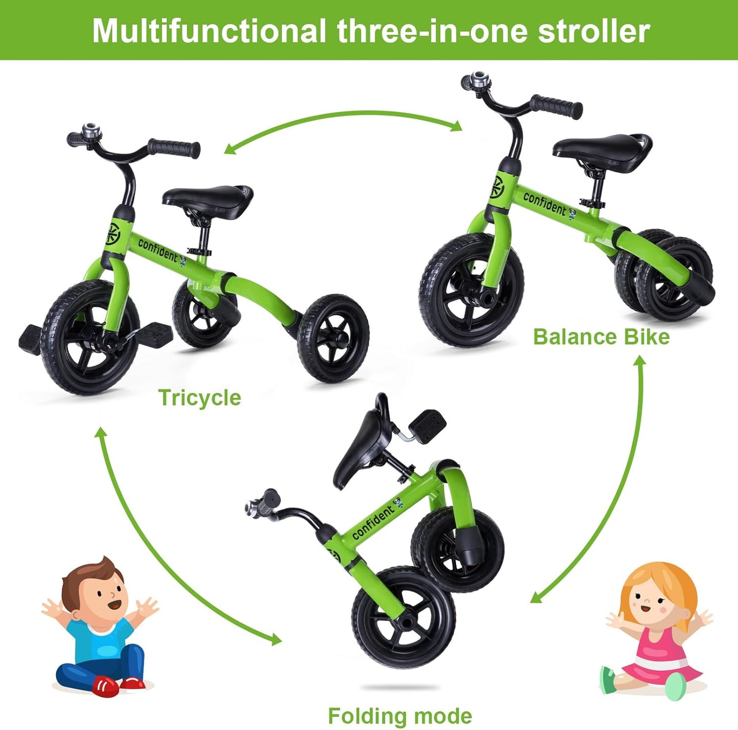 Ancaixin 3 in 1 Toddler Tricycles for 2-5 Years Old Boys and Girls with Adjustable Seat Detachable Pedal and Bell, Foldable Baby Balance Bike Riding Toys for Kids, Child Birthday Gift Green