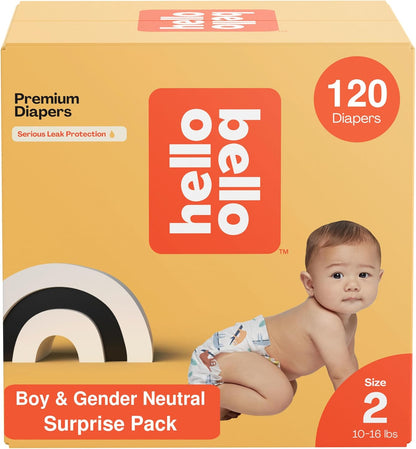 Hello Bello Diapers, Size 2 (10-16 lbs) Surprise Pack for Boys - 120 Count of Premium Disposable Baby Diapers, Hypoallergenic with Soft, Cloth-Like Feel - Assorted Boy & Gender Neutral Patterns