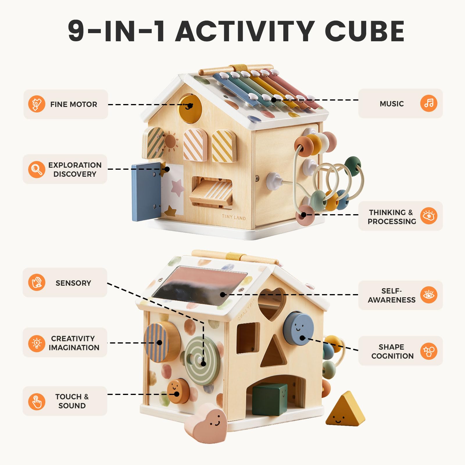 Tiny Land 9-in-1 Wooden Activity Cube, Educational Toy for Toddlers