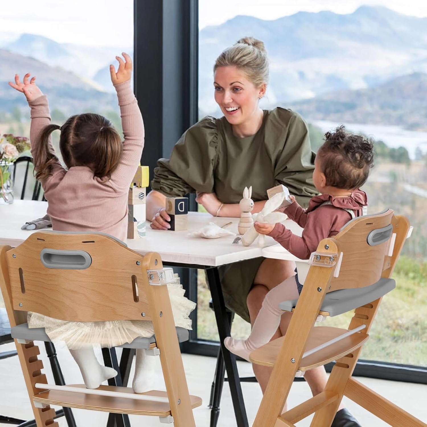 Cowiewie 3-in-1 Convertible Natural Wooden High Chair for Babies & Toddlers 3-Tier Remove & 2