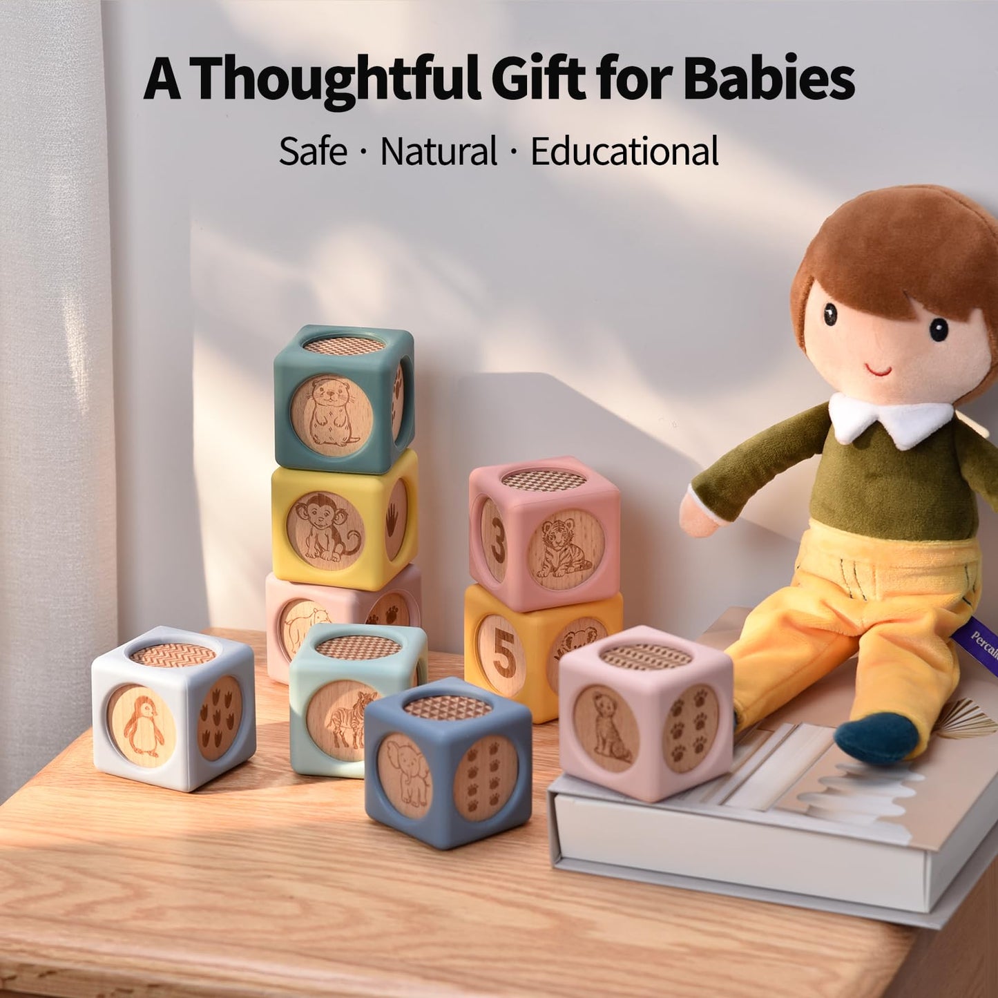Little Rawr 9 Pcs Baby Silicone & Wooden Stacking Blocks, Food-Grade Silicone Baby Toy with Natural
