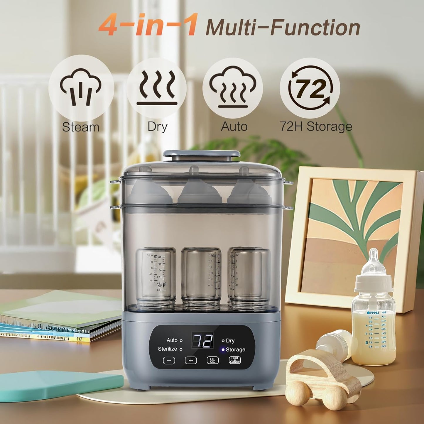 4-in-1 Baby Bottle Steamer and Dryer, Electric Steamer with Fast Drying, Universal Fit for All