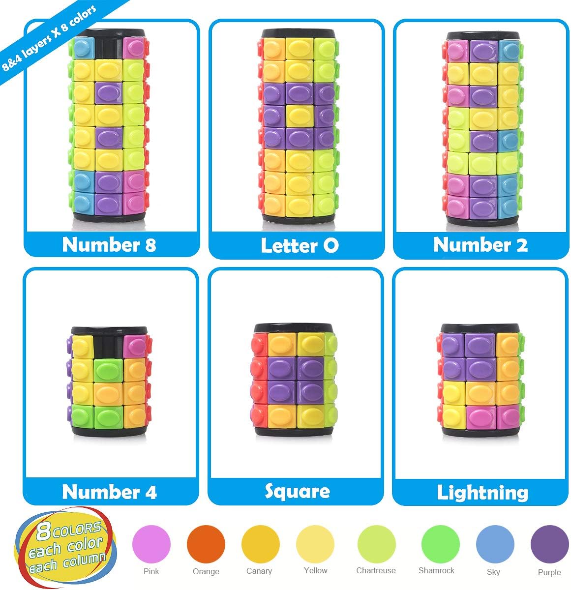 R.Y.TOYS Rotate and Slide Puzzle-Design Patent,Fidget Toys(Restore Order/Create Patterns) 8 Colors,4 and 8 Layers-Detach Piece for Quick Play,Brain Teaser,Sensory Toys Gifts,Easter Basket Stuffers