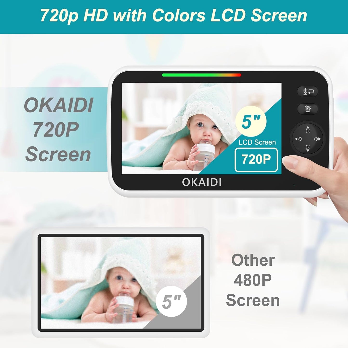 720P HD Baby Monitor, 5 Inch Baby Monitor with Camera and Audio, 5000mAh Battery, Remote Pan-Tilt, 3X Zoom, 1000ft Baby Monitor NO WiFi, Night Vision, 2-Way Talk, Temperature, Lullabies