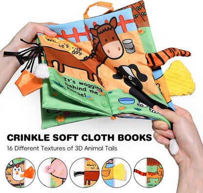 Jollybaby 2 PCS Sensory Touch and Feel Crinkle Books for Baby 0-6 Months, Jungle Farm Tails Montessori Car Set Toys for Tummy Time Newborn 6-12, Soft Fabric Cloth Books for Infant 1 Year Old Gift