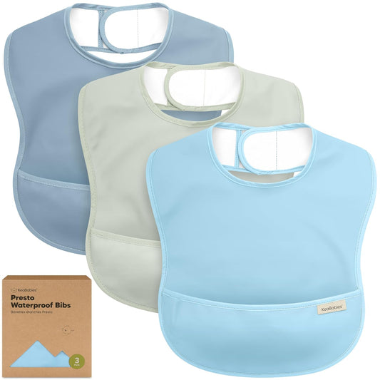 3-Pack Waterproof Baby Bibs for Eating - Lightweight Toddler Feeding Bibs with Large Food Catcher, Mess Proof, Food-Grade Baby Eating Essentials, Easy to Put On & Clean (Ocean)