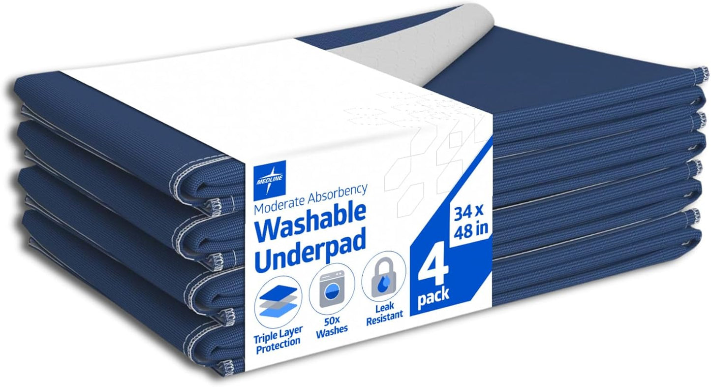Medline Sofnit 300, Pack of 4 Large Washable Blue Underpads, 34”x 48” for use as reusable pet pads
