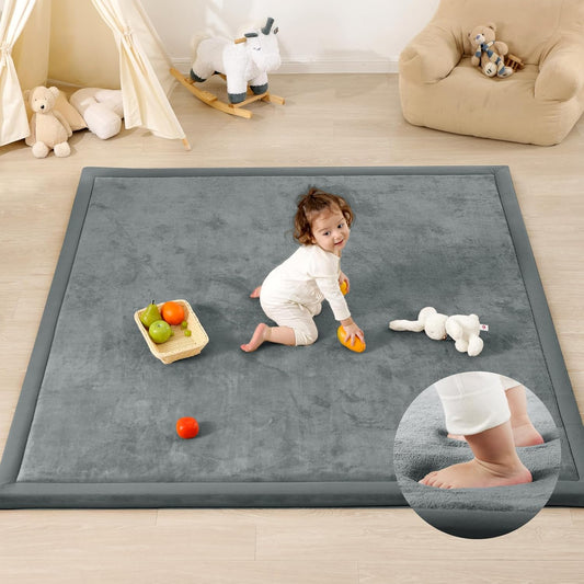 Ultra Soft Baby Play Mat,79"×79" Extra Large Activity Tummy Time Mat for Toddlers,Infants,Kids,1.3" Thick Elasti-Foam Nursery Rug for Floor,Non-Slip Safe for Crawling,Water-Repellent(Dark Grey)