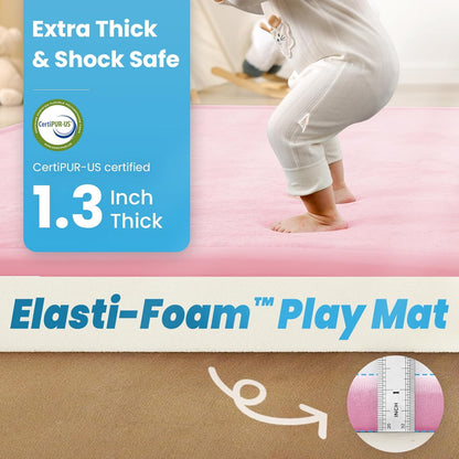 1.3" Thick Baby Play Mat,Ultra Soft Elasti-Foam 50×50 Playpen Mat for Tummy Time,Water-Repellent Coral Fleece Nursery Rug for Infants,Toddlers,Kids,Non-Slip Safe for Crawling(Pink)