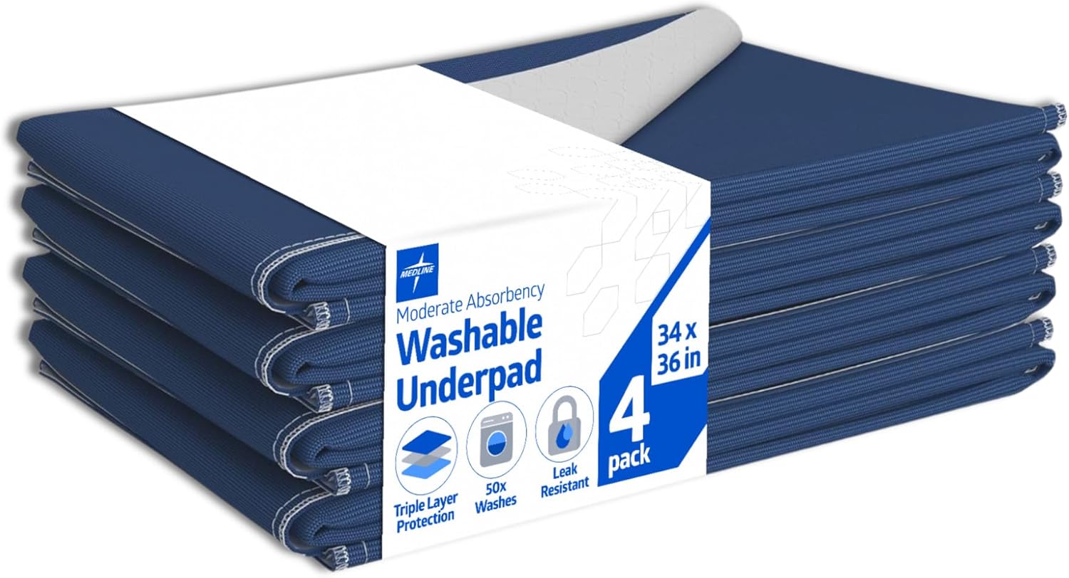 Medline Sofnit 300, Pack of 4 Large Washable Blue Underpads, 34”x 36” for Use as Reusable Pet Pads