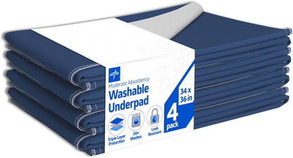 Medline Sofnit 300, Pack of 4 Large Washable Blue Underpads, 34”x 36” for Use as Reusable Pet Pads