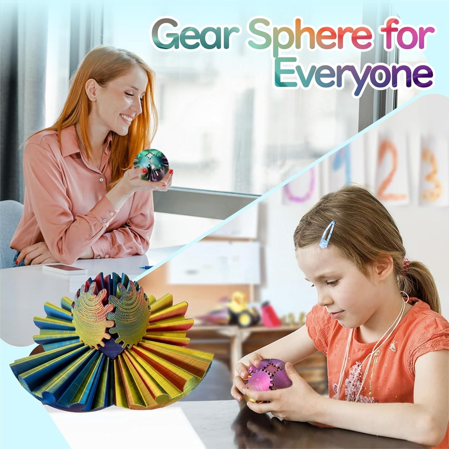 Gear Ball - GearSphere Fidget Toy, 3D Printed Gear Ball Spin Ball Cube Desk Toy, 2024 Gear Sphere Cube Puzzlefor Adults Kids, Stress and Anxiety Relaxing Fidget Toy (Red-Yellow-Blue)