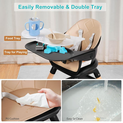 Baby High Chair, 6 in 1 Wooden Convertible High Chairs for Babies and Toddlers, Booster Seat with