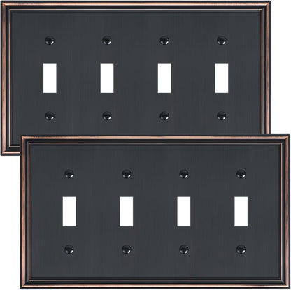 2-Pack Quad Toggle Light Switch Cover Plate, Durable Zinc Alloy Decorative Switch Plate Covers, Aged Bronze 4 Gang Wall Plate for Toggle Light Switch and Rotary Dimmer Switch