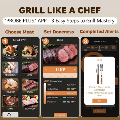 Accurate Smart Wireless Meat Thermometer - 4 Probes, Long Range Bluetooth, Real-time Alerts