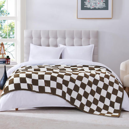 WRENSONGE Checkered Throw Blanket, Coffee Soft Cozy Fluffy Warm Hand Made Throw Blankets for Couch