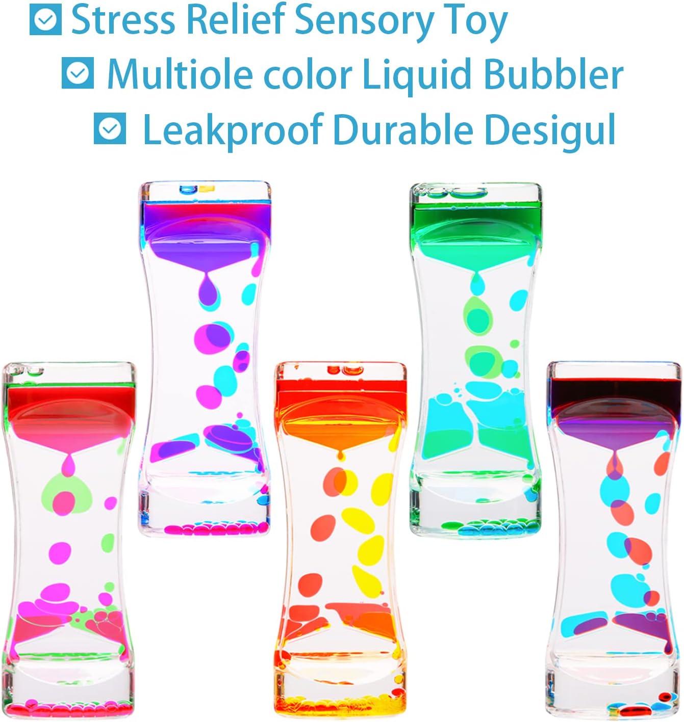Liquid Motion Bubbler, 5 Pack Stress Management Sensory Toys, Relief Fidget Water Timers,Relaxing Liquid Bubbler,Office Home Colorful Hourglass Desk Decor,ADHD Anxiety Autism Activity